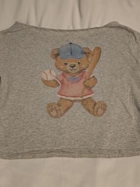 Hollister Off Shoulder Cropped Tee with Teddy Bear Baseball Graphic